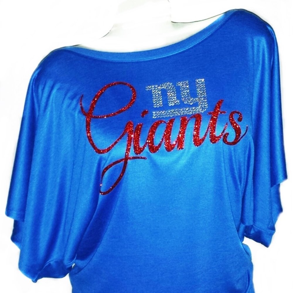 NY Giants Blue Short Sleeve Tee with Glitter Script